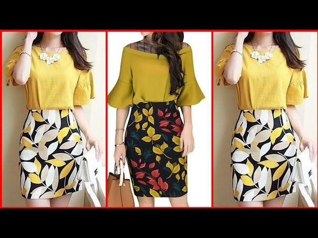 Women basic work two piece sets blouse skirts print flare cuff sleeve top for ladies 2021