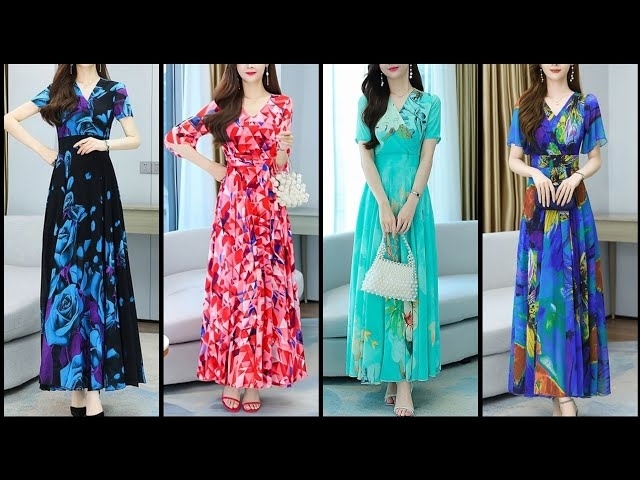New Style's Women's Floral Print Chiffon Maxi Dress Design 2023