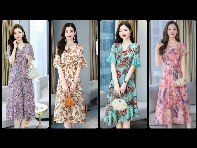 Most Attractive And Hot Selling Women's Fashionable Floral Print Chiffon Dresses 2023
