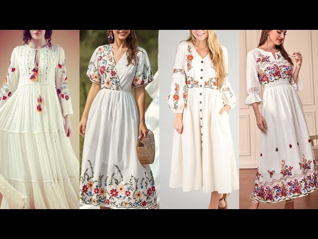 Floral Embroidery contrast dresses with Trumpet sleeves # Plant Embroidery ideas