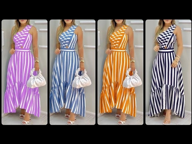 Super Gorgeous Stylish & Fascinating Stripe Print Long Ruffle Hem Gown/Maxi Dresses