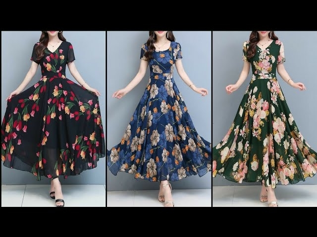 New Styles Women's Flowers Print Chiffon Maxi Dress Design 2021@The Style Corner