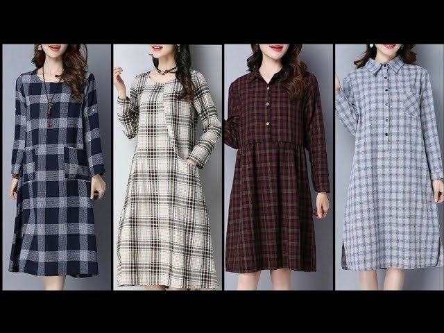 Super Stylish And Trendy Designer Casual Wear Cotton Plaid/Check Print Shift Dresses For Girls