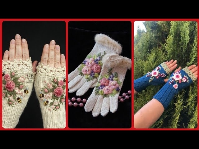 most Beautiful and Attractive Hand Knitted Flower Embroidered Fingerless Gloves Hand Warmer For G...