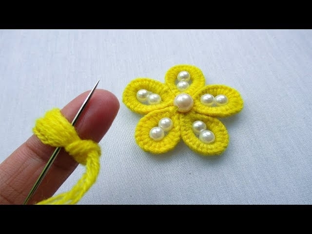 hand embroidery amazing trick# woolen flower with pearl beads#woolen flower