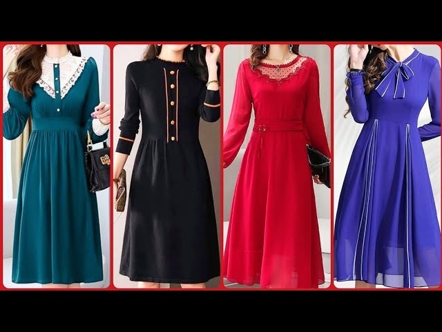 Top Trend Of 2023 Plain Georgette KNEE LENGTH Long Sleeve Women Designer Midi Dress/A-line Dress