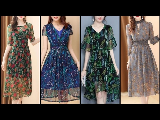 Latest Attractive And Hot Selling Women's Floral Print Chiffon Midi Skater Dresses