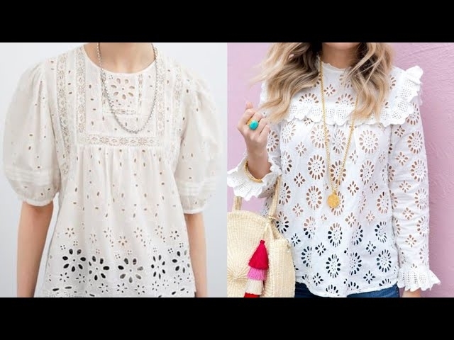 Top 50 Woman Eyelet Cotton Casual Solid White Blouse Design 2023 With Lace Embellished Summer Top