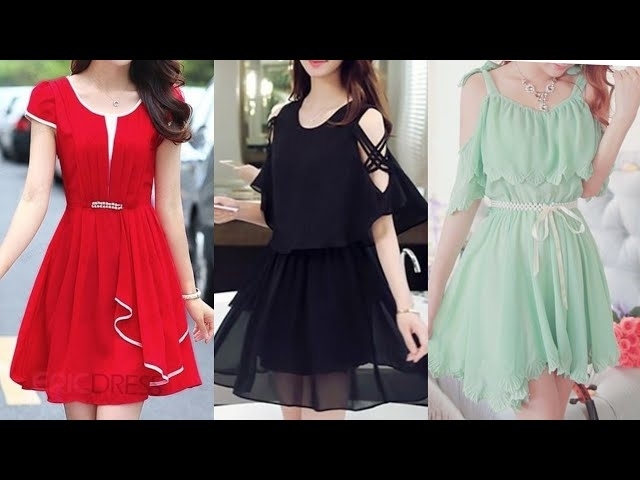 most trending and upcoming fashion trend Plain chiffon color block Korean style skater dresses 20...